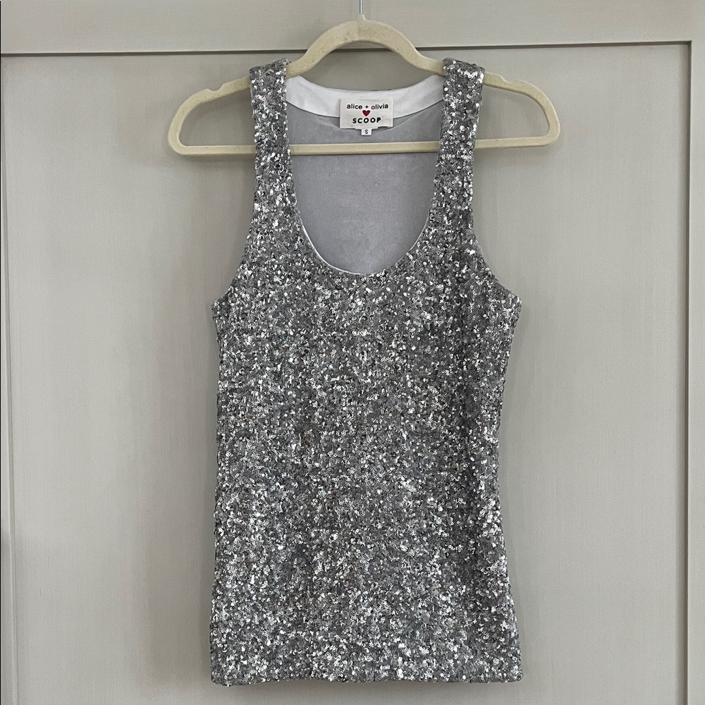 Alice + Olivia Glittering Silver Stretch Tank Top